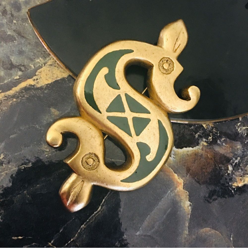 Vintage Erwin Pearl Two Headed Celtic Seahorse Brooch Gold Green Large E. 4349 - Picture 2 of 7